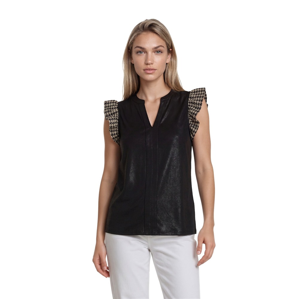 VOY Faux Leather Houndstooth Ruffle Sleeve Blouse Women's Size Medium Black